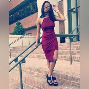 Burgundy Asymmetrical Body Con Mock Neck Dress